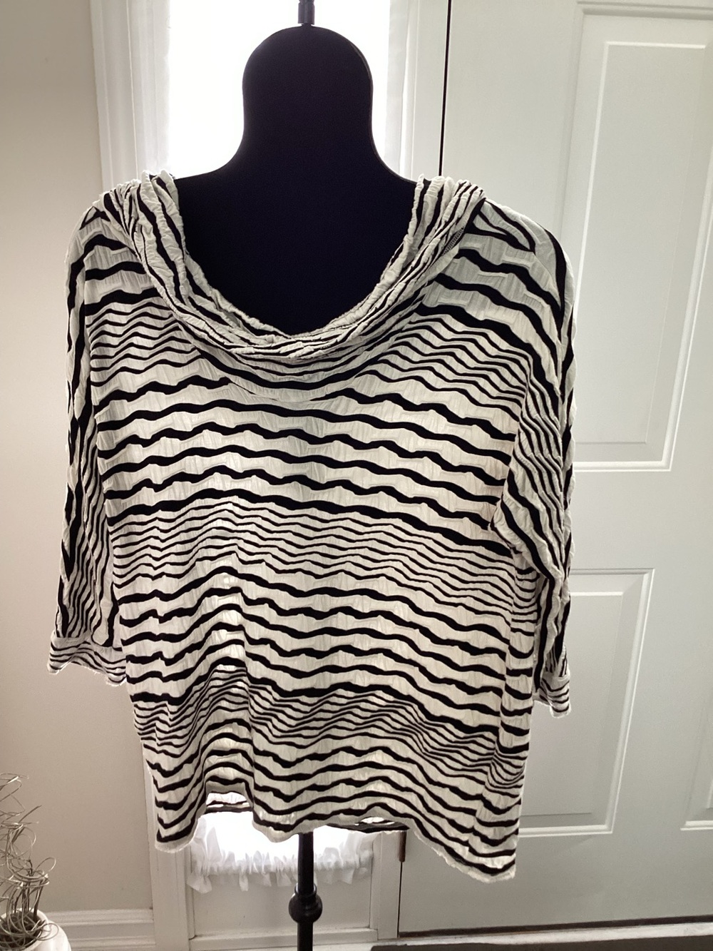 Y2K inspired Bebe striped cowl neck animal print top with hood,‎ trendy